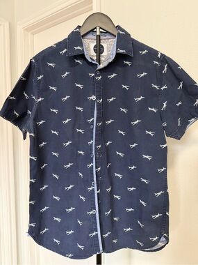 Denim & Flower Navy Short-Sleeve Shirt with Light Blue Shark Print